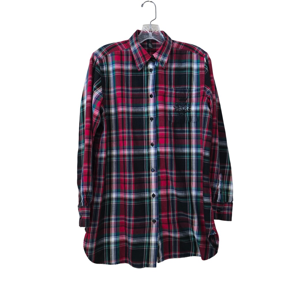 Lauren Ralph Lauren Red Plaid Beaded Crest Cotton Tunic Shirt Womens Medium